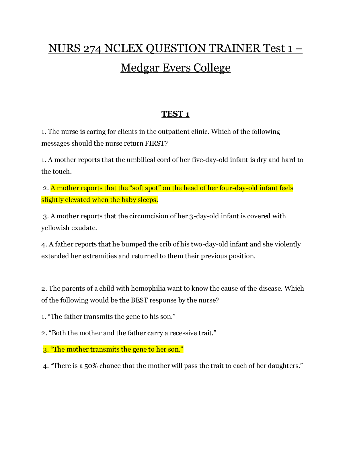 Preview of NURS 274 NCLEX QUESTION TRAINER Test 1 – Medgar Evers College | NURS274 NCLEX QUESTION TRA